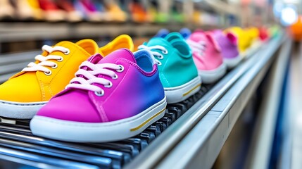 Colorful shoes on conveyor belt