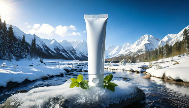  white cream tube placed on an icy standy