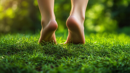 Grounding or earthing concept. Bare feet stepping on lush green grass outdoors, capturing the serene interaction of skin and earth showing the sensation of the ground. Image made using Generative AI.