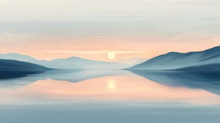 Obraz premium A serene sunrise unfolds over a peaceful lake, casting soft colors on the water's surface. The distant mountains are silhouetted against the lightening sky, creating a calm atmosphere