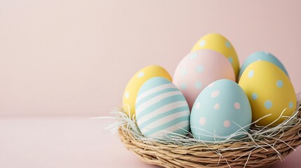 Decorative Easter eggs mint yellow blue and blush pink with delicate stripes and dots arranged from a woven basket on light pink surface minimalist aesthetic