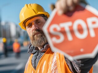Serious construction worker holding a stop sign on a construction site, representing safety and control. Ideal for construction safety manuals, road work signage, and hazard prevention.