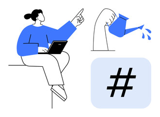 Person holding laptop pointing upwards, arm pouring water from watering can, bold metadata tag symbol representing technology. Ideal for content strategy, creativity, education, social growth