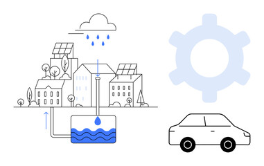 Buildings with solar panels and rainwater harvesting system, water storage tank, car, gear silhouette. Ideal for water conservation, renewable energy, urban planning, eco-living, sustainability