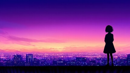 Fototapeta premium Silhouette of a girl in a dress overlooking a vibrant city skyline at sunset, reflecting tranquility
