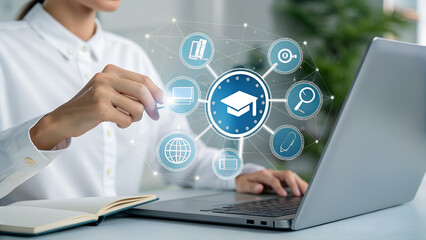 A person participating in online lessons through a digital screen. E-learning, virtual education, and internet-based webinars powered by modern educational technology.