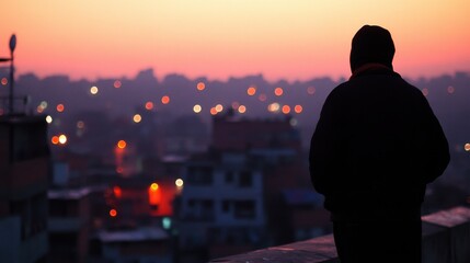Fototapeta premium Silhouetted figure overlooking a vibrant cityscape at sunset, with glowing light in the background