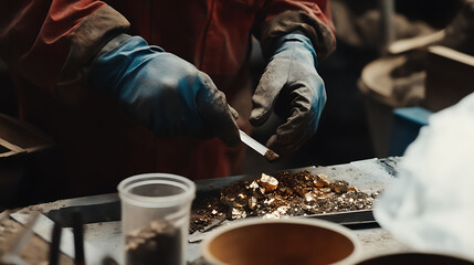 Mining supervisor checking ore samples for quality at a mining site. Featuring sample analysis and quality control