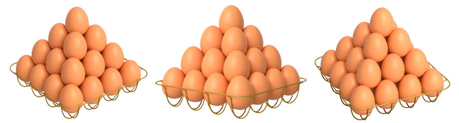 Metal trays filled with neatly stacked brown eggs, isolated on white transparent background. Concept of egg variety and food industry