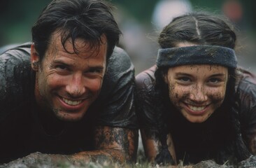 Fototapeta premium A happy father and daughter participating in an adventure race.