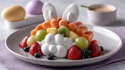 A fruit rainbow arch with grapes, kiwi, pineapple, and berries leading into a whipped cream cloud in a bunny bowl, styled for Easter fun., copyspace for text - rainbow lovely fun