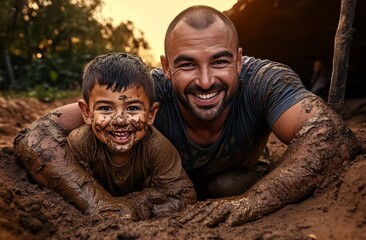 Fototapeta premium A happy father and son participating in an adventure race.