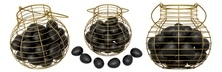 Wire baskets filled with black eggs, isolated on white transparent background, concept of kitchen storage.