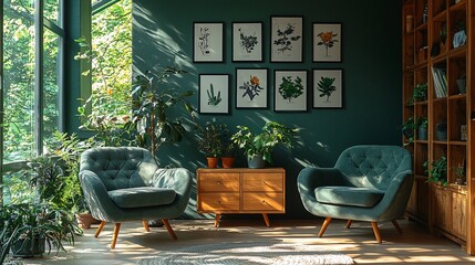 Green room with botanical prints, comfy chairs, and plants