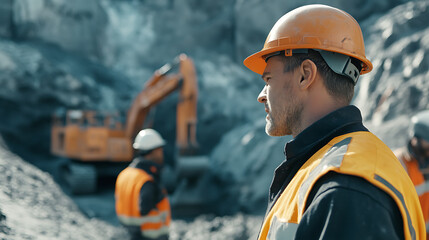 Mining supervisor coordinating excavation tasks with workers. Featuring task coordination and operational management