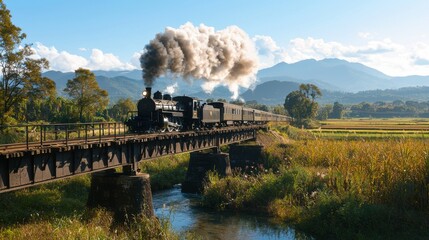 A steam locomotive travels over a rustic bridge surrounded by lush fields and distant mountains. The sky is clear, with puffs of smoke trailing behind as it moves