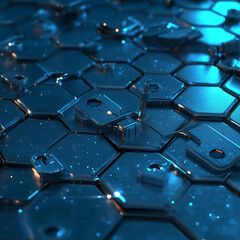 Obraz premium Security concept. Futuristic surface with locks is located on hexagon. Trendy sci-fi technology background with hexagonal pattern. Minimal hexagonal grid pattern animation in light blue. 3D Render