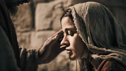 The Virgin Mary confesses to Jesus. The man's hand touches the woman's head. Jesus blesses, forgives, and heals.