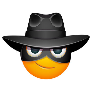 Zorro emoji with black eye mask on white background. Cute emoticon in Zorro eye mask and black hat