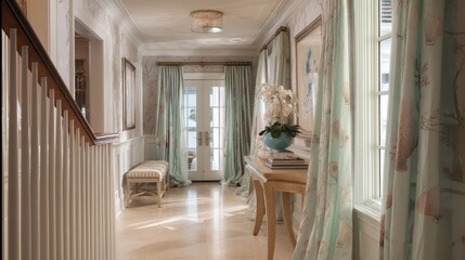 Elegant coastal foyer with seashell motifs, light pastel colors, and graceful, flowing drapery. 