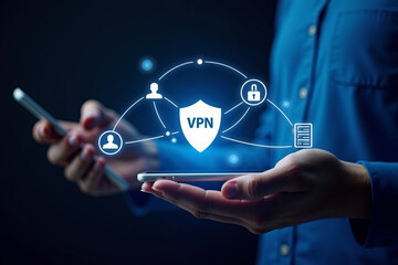 VPN server network security internet privacy encryption concept. Encrypted connection VPN (virtual private network). A ma using smartphone with app web proxy over the Internet protocol. cybersecurity.