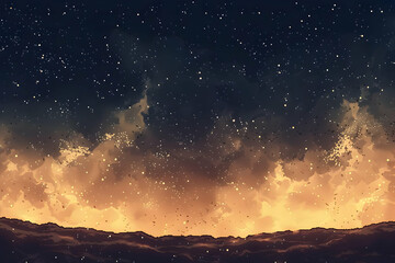 Naklejka premium Scenic Night Sky Landscape with Starry Galaxy and Dramatic Cloud Formations in Warm Golden Light Pixel Art