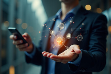 Justice and laws concept. AI ethics or AI law, developing AI codes of ethics. Regulation, Compliance, standard and business policy. Businessman using smartphone with law technology on virtual screen.