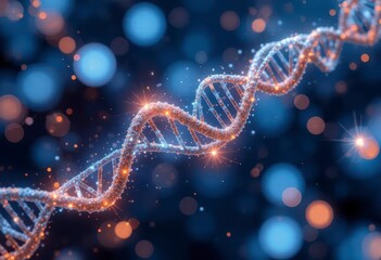 A vector illustration of a DNA strand with glowing elements, Glowing DNA Double Helix on Colorful Bokeh Background