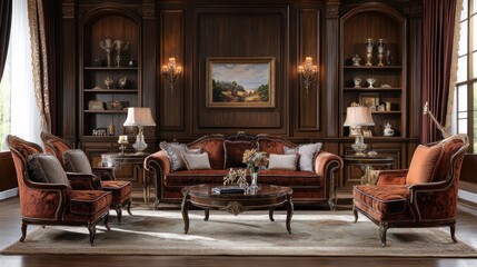 Elegant English manor living room with plush furnishings, rich wood paneling, and antique accents.  