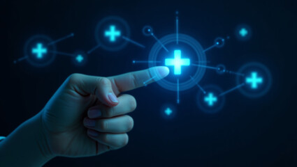 Businessman touching on virtual blue plus sign for positive thinking mindset or healthcare insurance symbol concept, Mental health care, mental rejuvenation.