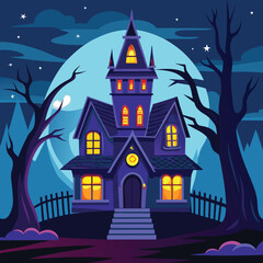 A spooky haunted house illustration sits silhouetted against a dark, moonlit night sky near old trees for a Halloween horror holiday