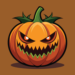 Spooky orange halloween pumpkin vector with a scary face, bats, and jack-o-lantern illustration 