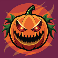 Spooky orange halloween pumpkin vector with a scary face, bats, and jack-o-lantern illustration 