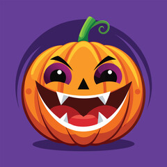 Spooky orange halloween pumpkin vector with a scary face, bats, and jack-o-lantern illustration 