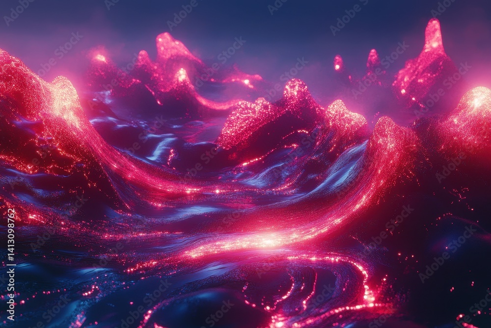 Poster Mesmerizing display of swirling red liquid shapes emitting a glowing light at twilight, multiple red glowing liquid shapes waving swirling and flowing smoothly
