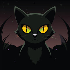 A cute Cat black feline kitten with striking eyes sits against a dark background, a perfect illustration of a domestic pet cat