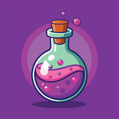 A pink vector illustration shows a transparent bottle, like a potion or perfume flask, with a glass and liquid