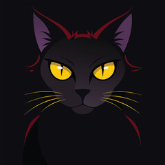A cute Cat black feline kitten with striking eyes sits against a dark background, a perfect illustration of a domestic pet cat