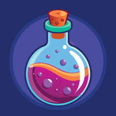 A pink vector illustration shows a transparent bottle, like a potion or perfume flask, with a glass and liquid