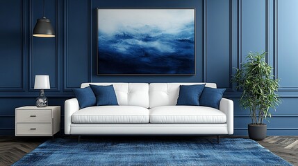 Modern, sophisticated living room with a navy blue and white color scheme