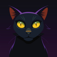 A cute Cat black feline kitten with striking eyes sits against a dark background, a perfect illustration of a domestic pet cat