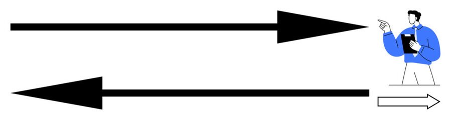 Man holding clipboard pointing as large opposing arrows convey conflict and forward motion. Ideal for leadership, decision, direction, contradiction, opposition, strategy, flat simple metaphor