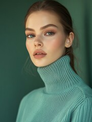 Fototapeta premium Elegant Portrait of a Young Woman in a Teal Turtleneck