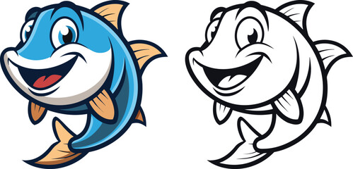 Cartoon Fish Coloring page for kids book 