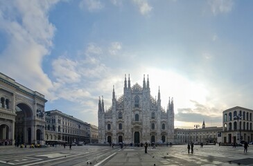 Milan Cathedral (Italian: Duomo di Milano) or Metropolitan Cathedral-Basilica of the Nativity of Saint Mary in Milan in sunny morning