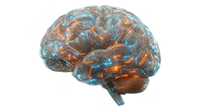 Artificial brain with glowing circuits representing ai and neural network connections concept art