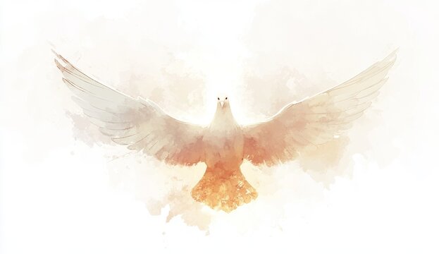 Pentecost background with flying dove. Watercolor painting.