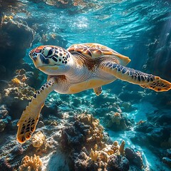 Fototapeta premium Majestic sea turtle glides through coral reef.