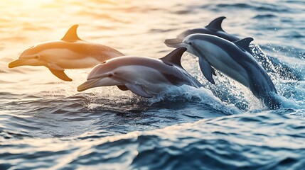 Fototapeta premium A serene and playful moment with dolphins splashing in the sparkling blue ocean.