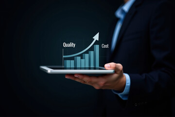 Control Quality and cost optimization for products or services to improve customer satisfaction, enhance company performance. Businessman touching concept. Successful corporate strategy, management.